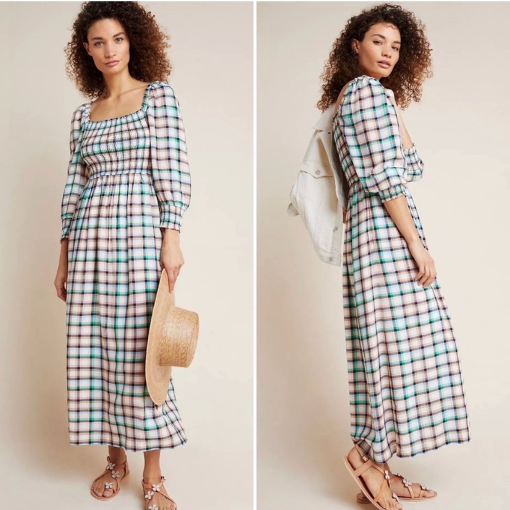 Maeve | Anthropologie | Cerie Smocked Gingham Midi Dress | Small